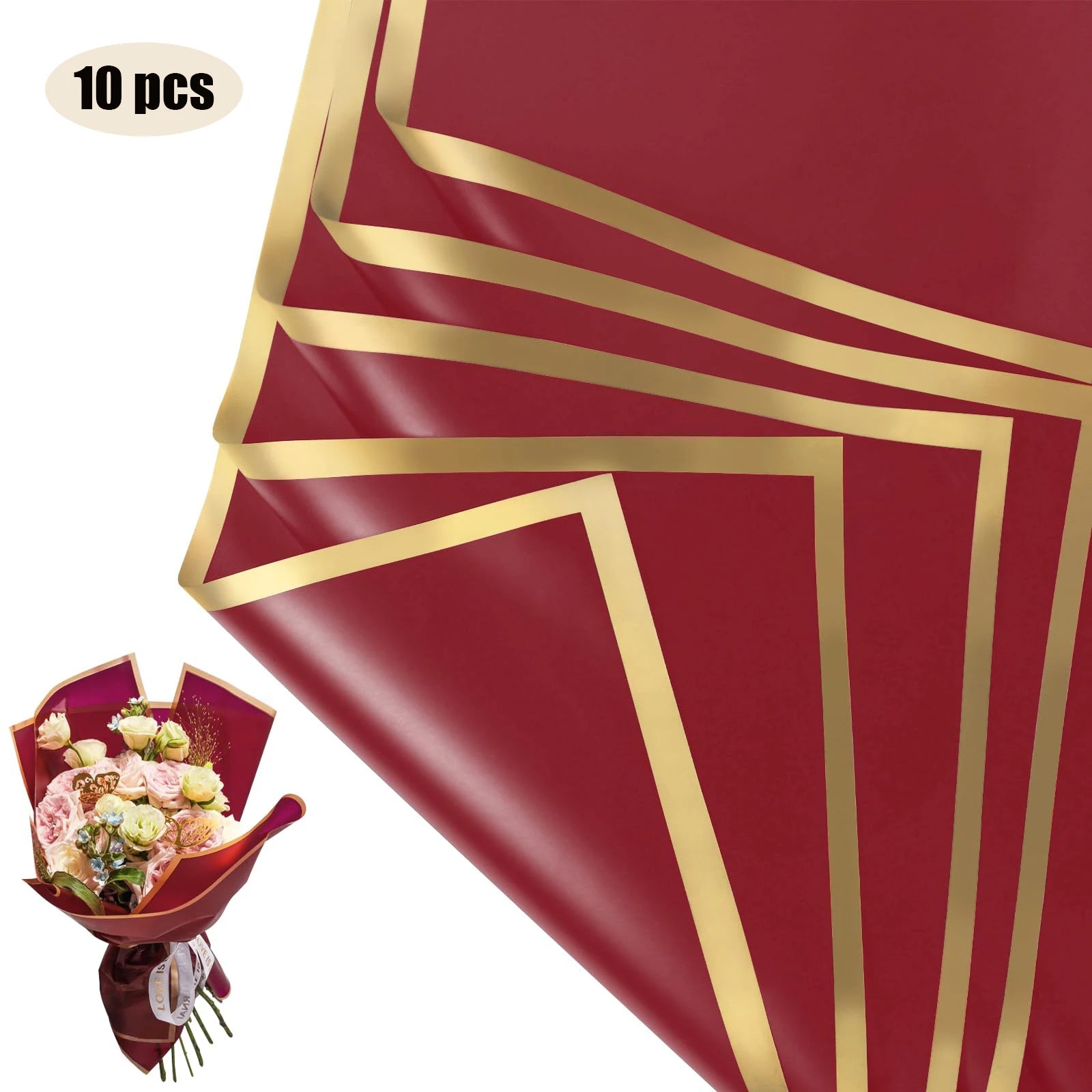 10 Sheets Flower Wrapping Paper with Golden Edges, Waterproof.