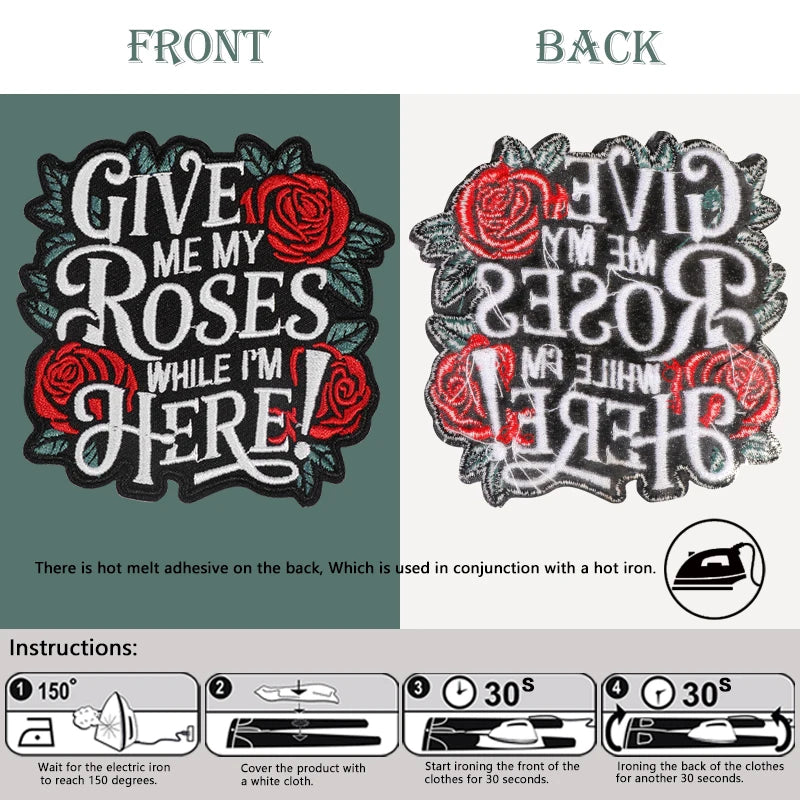 3-Pack of Iron-On Patches with the Text "Give Me My Roses!"
