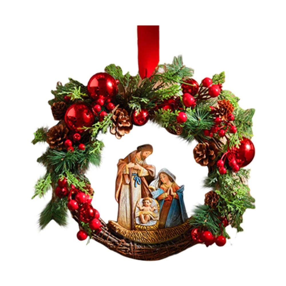 40cm Sacred Christmas Wreath with Lights Hanging Ornaments