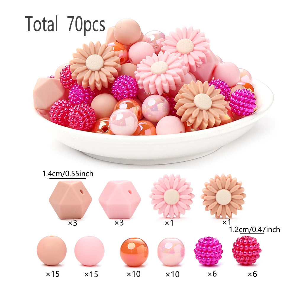 70Pcs Daisy Silicone Bead Set Multi-Shape for Pens Lanyard Keychain Bracelet Making