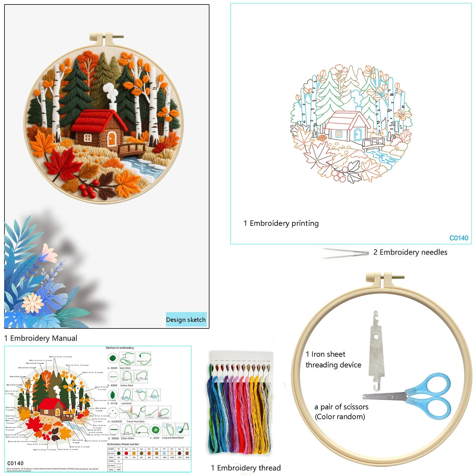 Autumn DIY Embroidery Kit with Embroidery Hoop, Practice Kit for Beginners Craft Lovers Gift