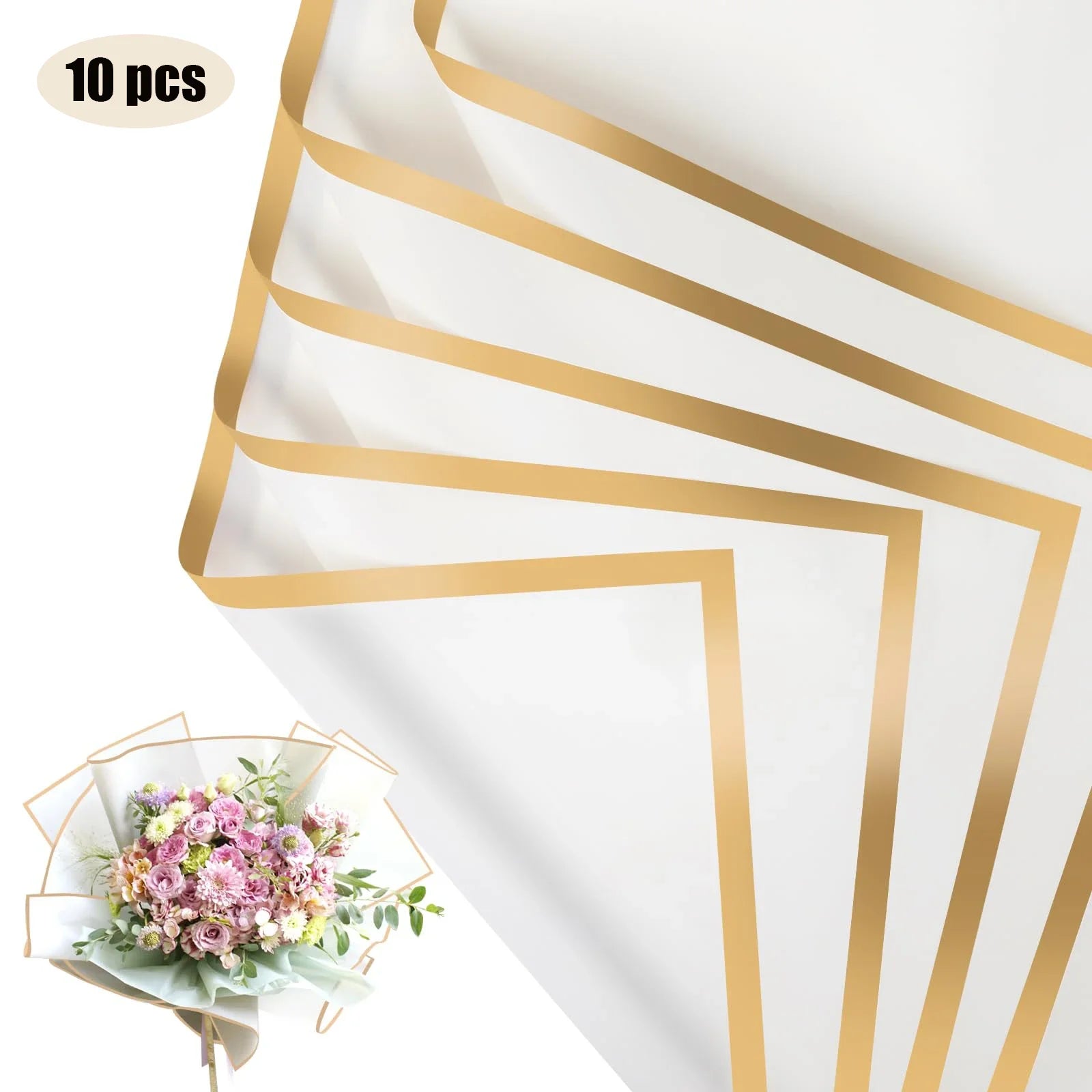 10 Sheets Flower Wrapping Paper with Golden Edges, Waterproof.