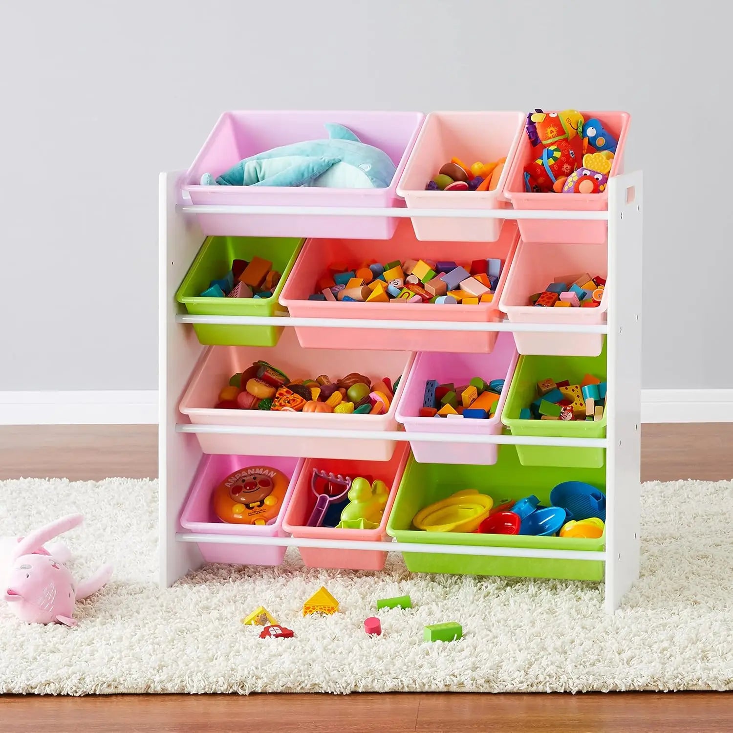 Kids Toy Storage Organizer with 12 Removable Pink Bins, White Wood Frame, Wall-Mounted for Safety
