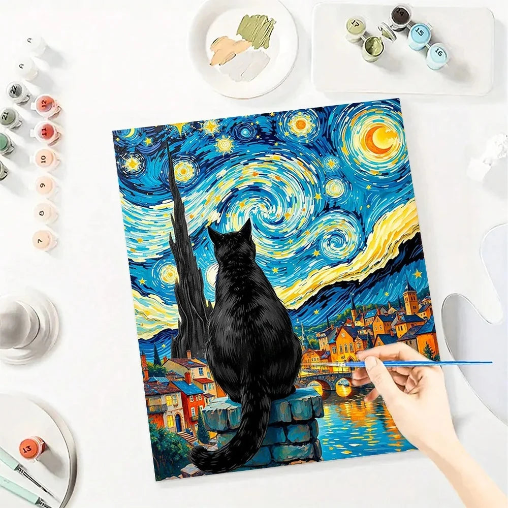 Cat in Van Gogh Starry Night Diy Art Paint By Numbers For Adult
