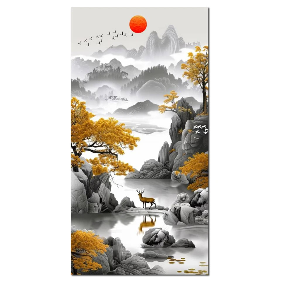 New Arrivals 5D Diamond Painting Art Golden Waterfall Tree Moon Landscape.