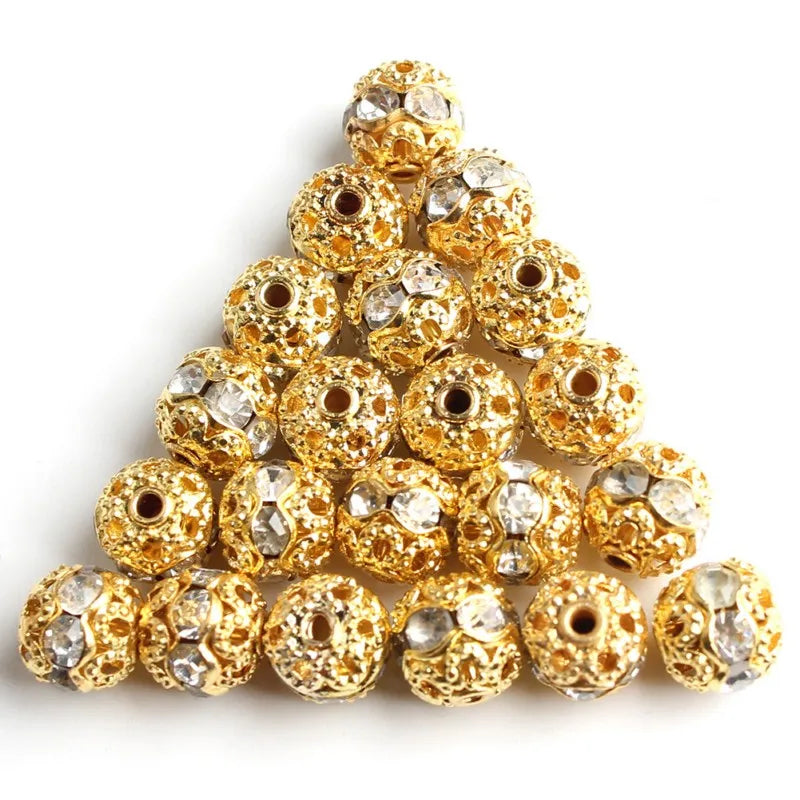 50pc/Lot 6mm 8mm 10mm AB Color  Rhinestone Ball Shape Loose Beads Metal Crystal Beads