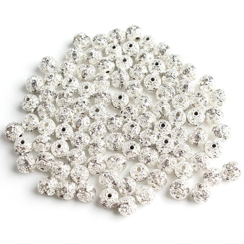 50pc/Lot 6mm 8mm 10mm AB Color  Rhinestone Ball Shape Loose Beads Metal Crystal Beads
