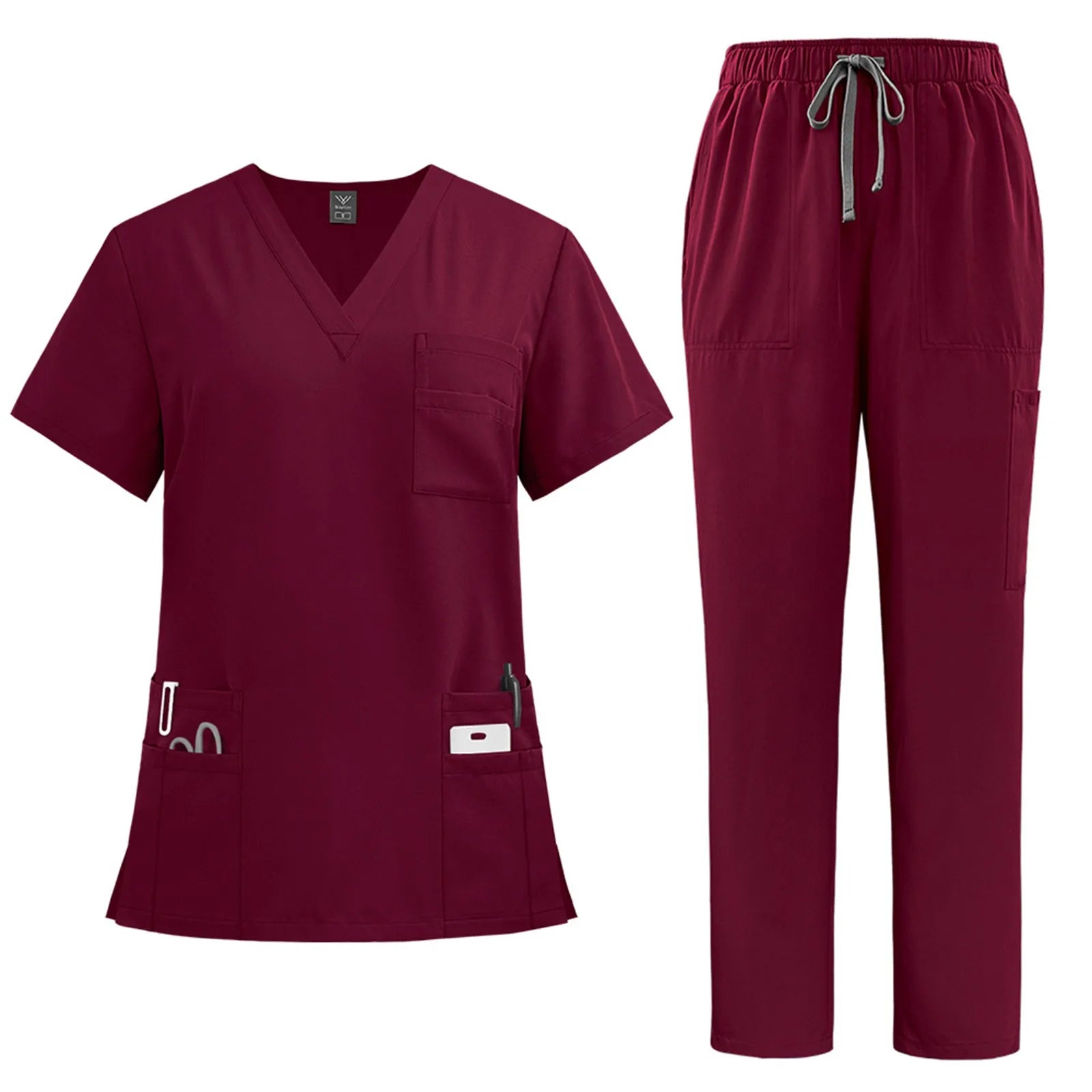 Women's solid color nurse uniform quick-drying fabric v-neck short-sleeved trousers suit multi-pocket nursing uniform suit