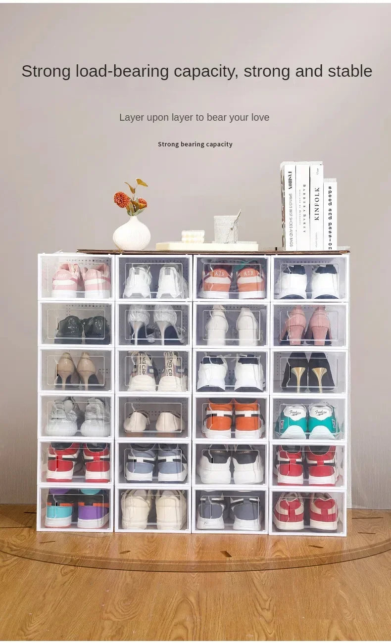 Foldable Clear Plastic Storage Box with Flip Cover Drawer Thick Space Saving Organizer Rack for Shoes Closet Cabinet Bedroom