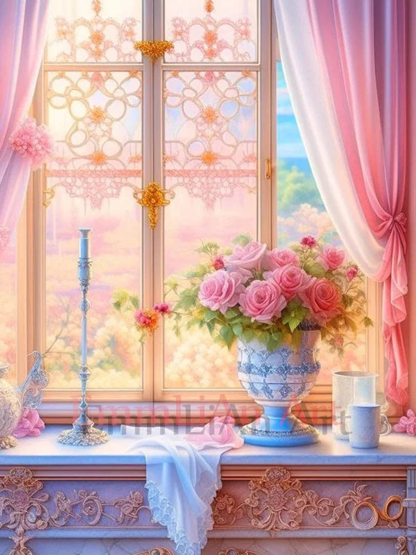 100% Full Fairy Dust Drill Diamond Painting Window Landscape 5D DIY Crystal Diamond Mosaic Art Flower in Vase Bedroom Decor Gift
