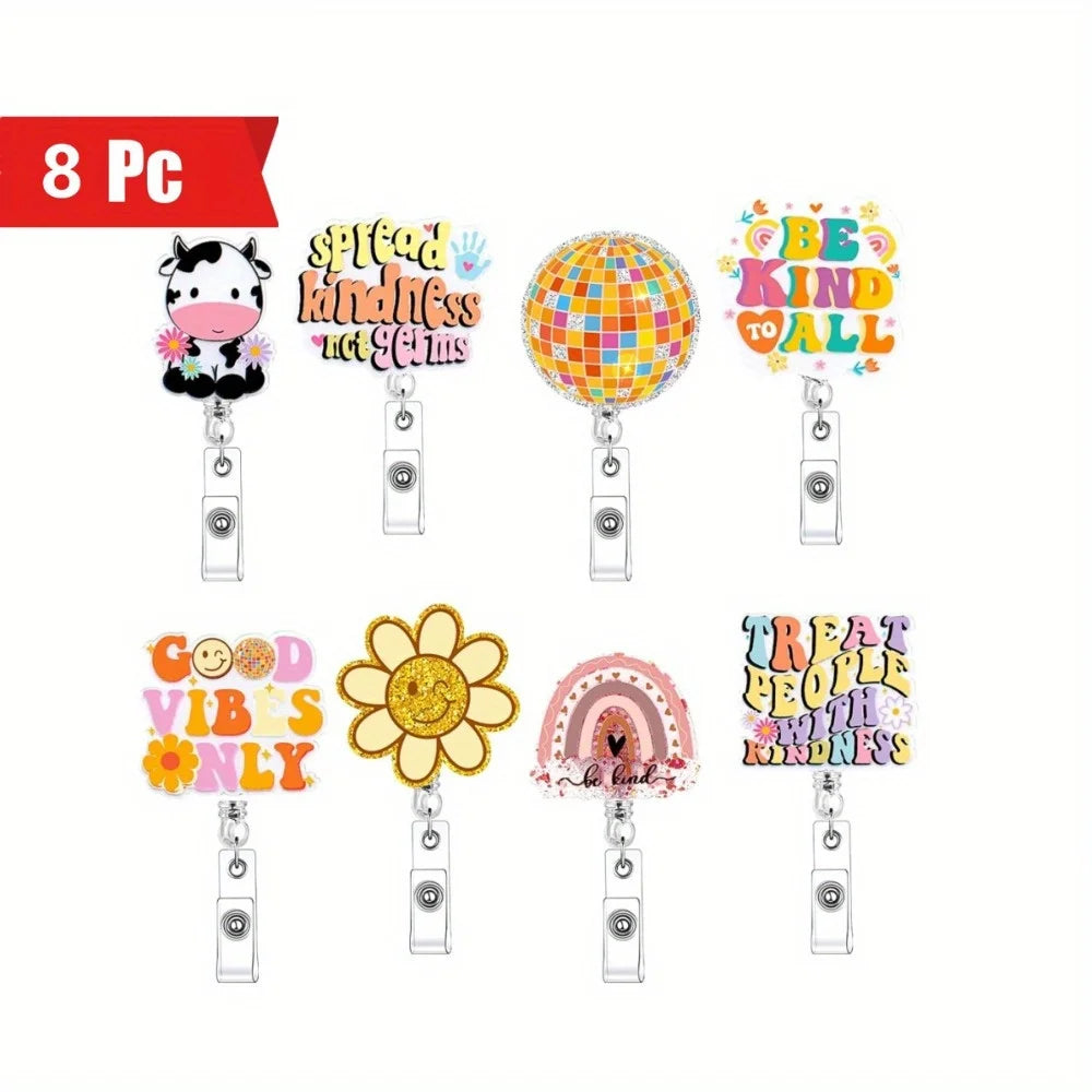 Cute nurse badge reels with daisy, smile, and rainbow designs. Perfect for nurses, students, and teachers.