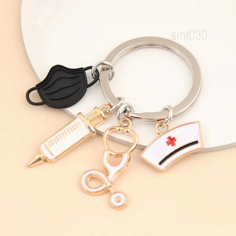 1Pc Stethoscope Medical Keyring,Nurse Theme Mask Syringe Bag Purse Charm