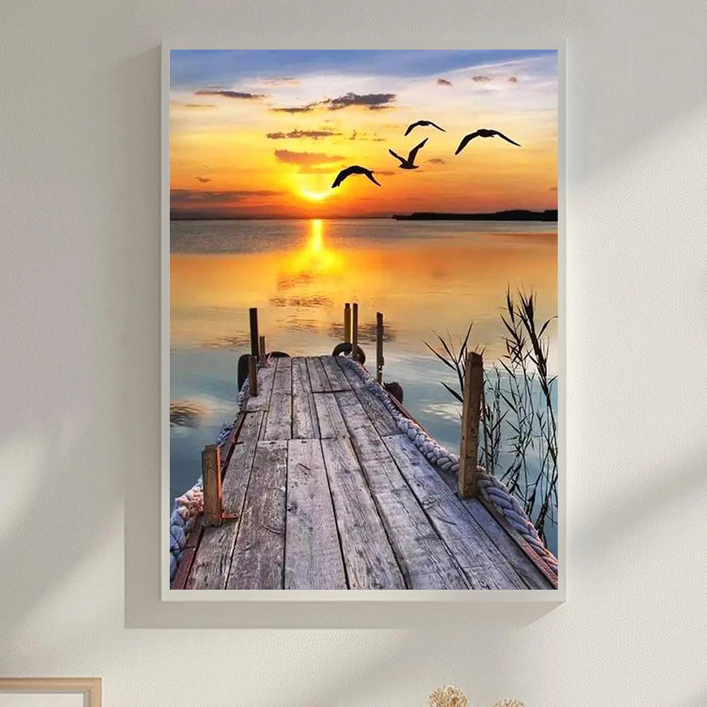 5D DIY Diamond Painting Landscape Sunset Sea Kit Full Drill Embroidery Mosaic Art Picture of Rhinestones Home Decor Gift