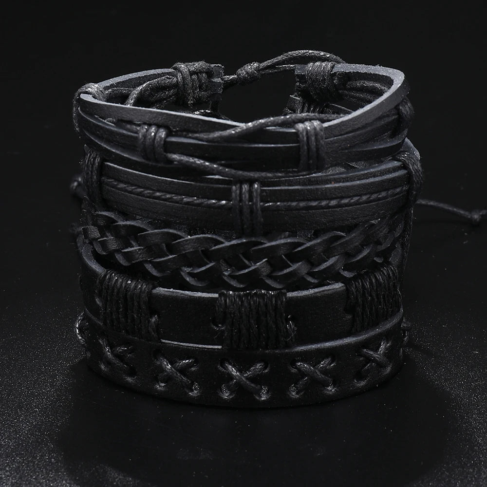 5pcs Punk rock black leather braid bracelet for men women