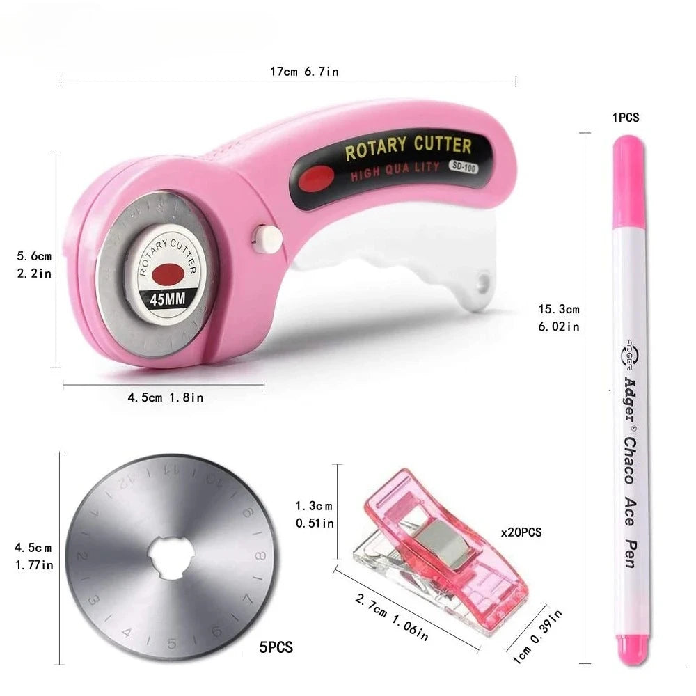45mm Rotary Cutter with 5pcs Replacement Blades & Sewing Clips & Fabric Marker Pen