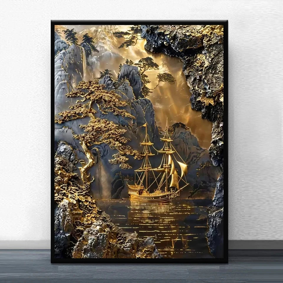 5D Diamond Painting Abstract Golden Tree Sailing Moon Decor Cross Stitch Kits