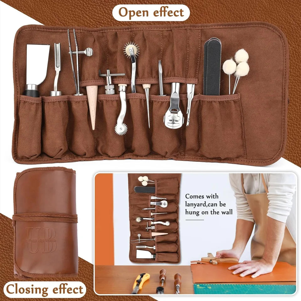 Leather Craft Tools Kit with Awl Stitching Punch Hole Sewing Needles for Leathercraft