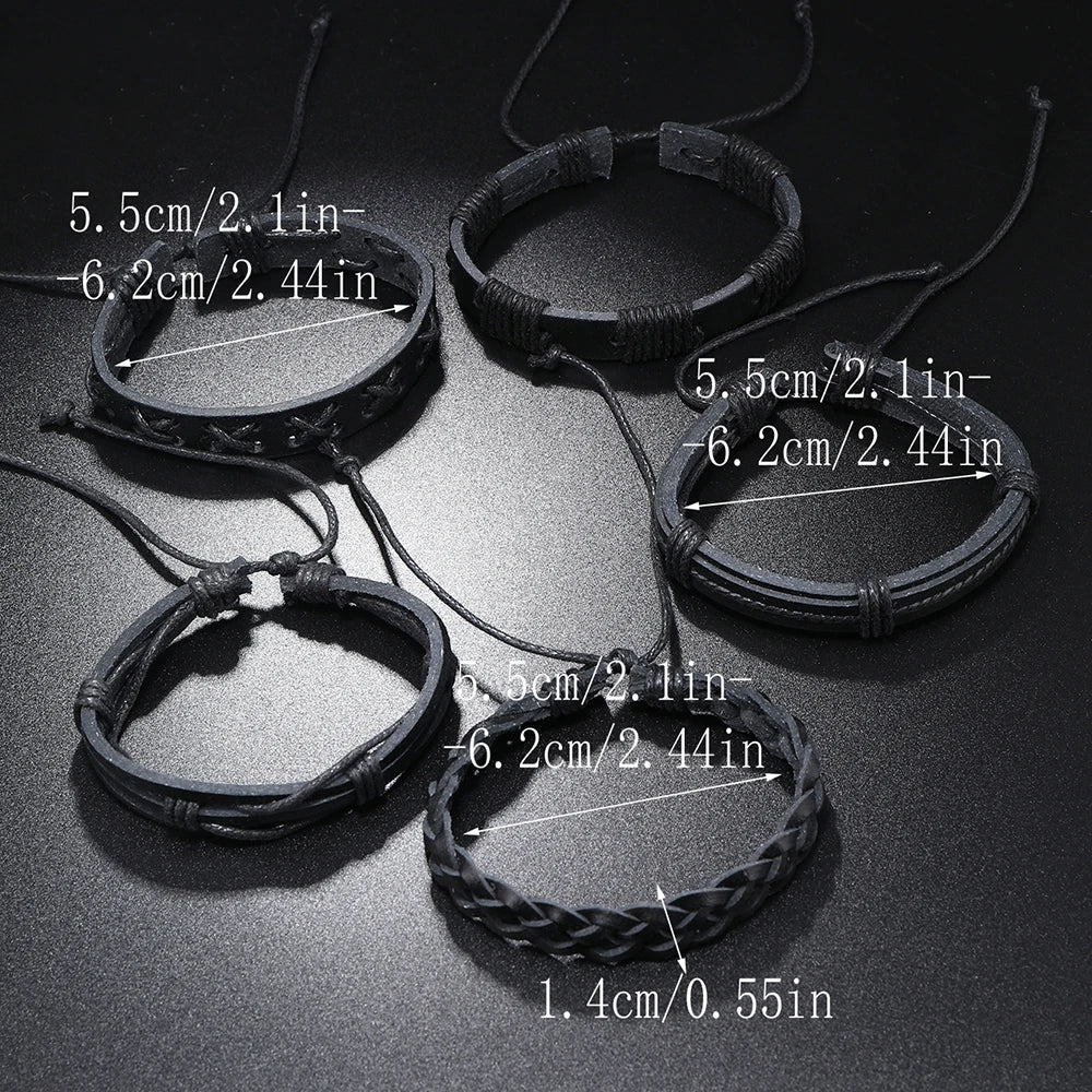 5pcs Punk rock black leather braid bracelet for men women