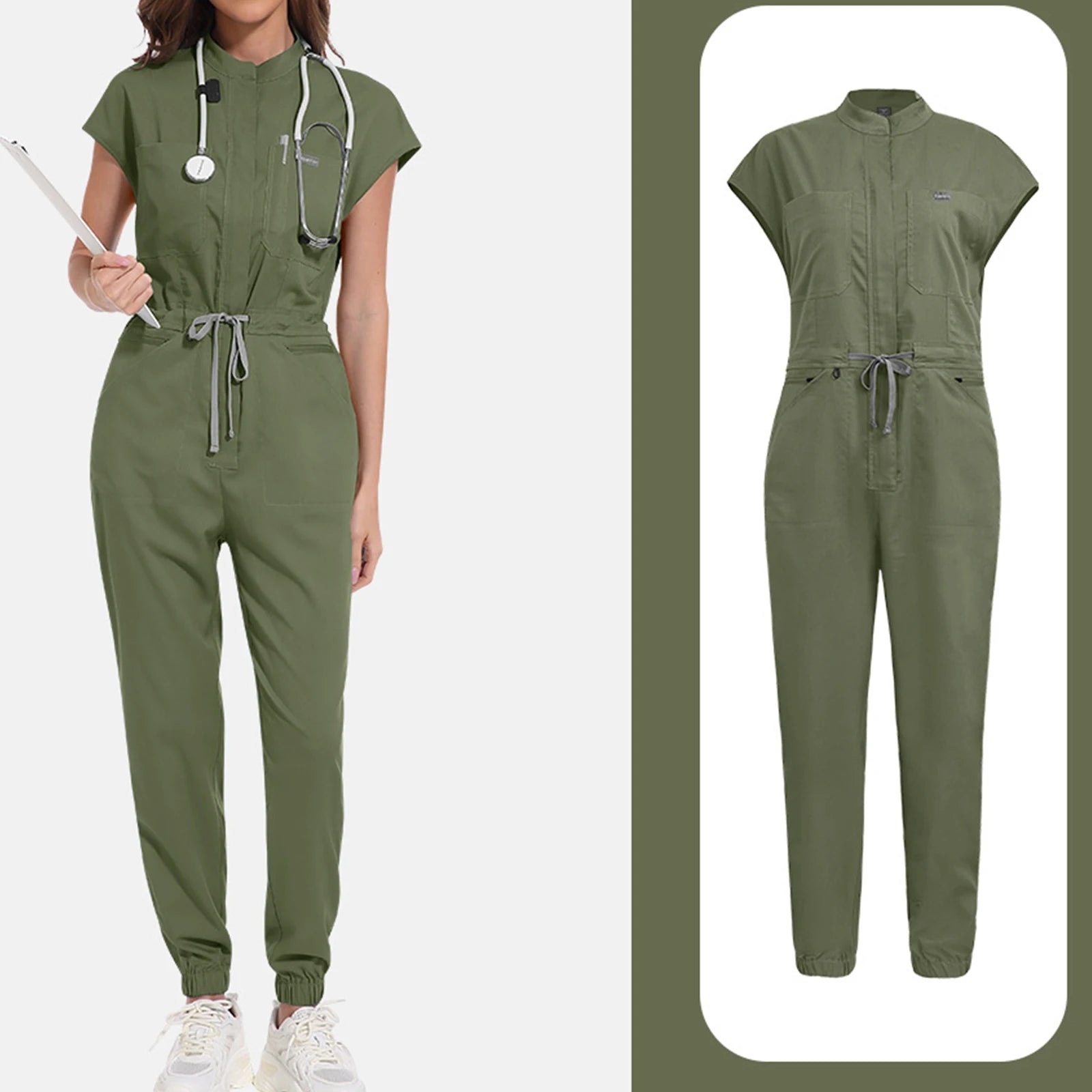 Women's Nurse Jumpsuit Stand Collar Sleeveless Multi-Color Drawstring