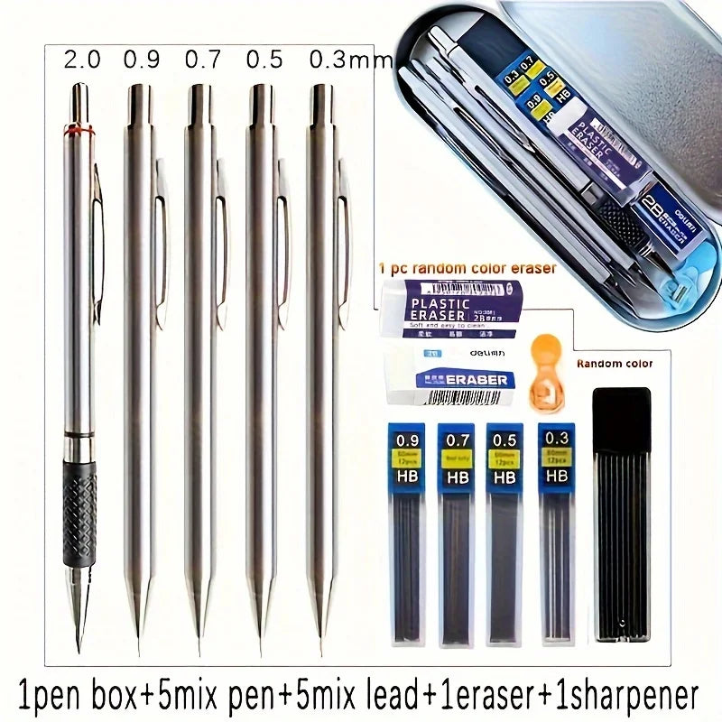 12pcs/box Metal Mechanical Pencil With Pen Box Lead Eraser Pencil Sharpener