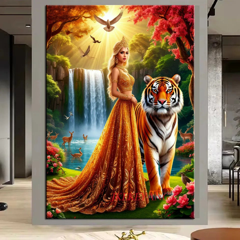 5D Diy Diamond Embroidery Beautiful Woman and Animals Picture Diamond Painting