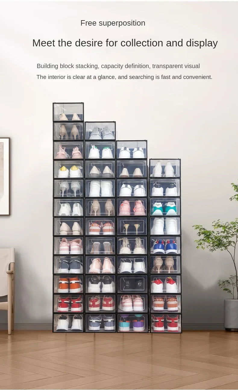 Foldable Clear Plastic Storage Box with Flip Cover Drawer Thick Space Saving Organizer Rack for Shoes Closet Cabinet Bedroom