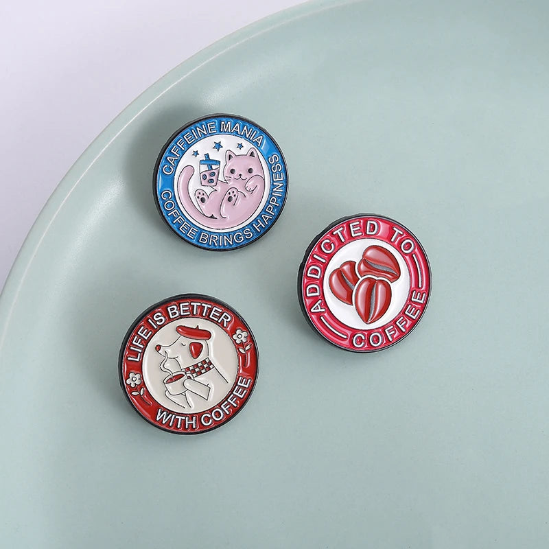 Coffee Brings Happiness Enamel Pin Kittens Puppies And Coffee Beans Brooch Lapel Metallic Pins Badge Jewelry Accessory