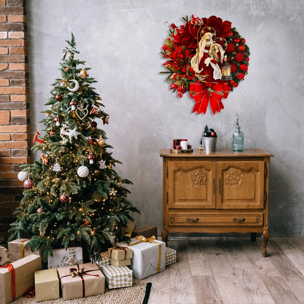 40cm Sacred Christmas Wreath with Lights Hanging Ornaments