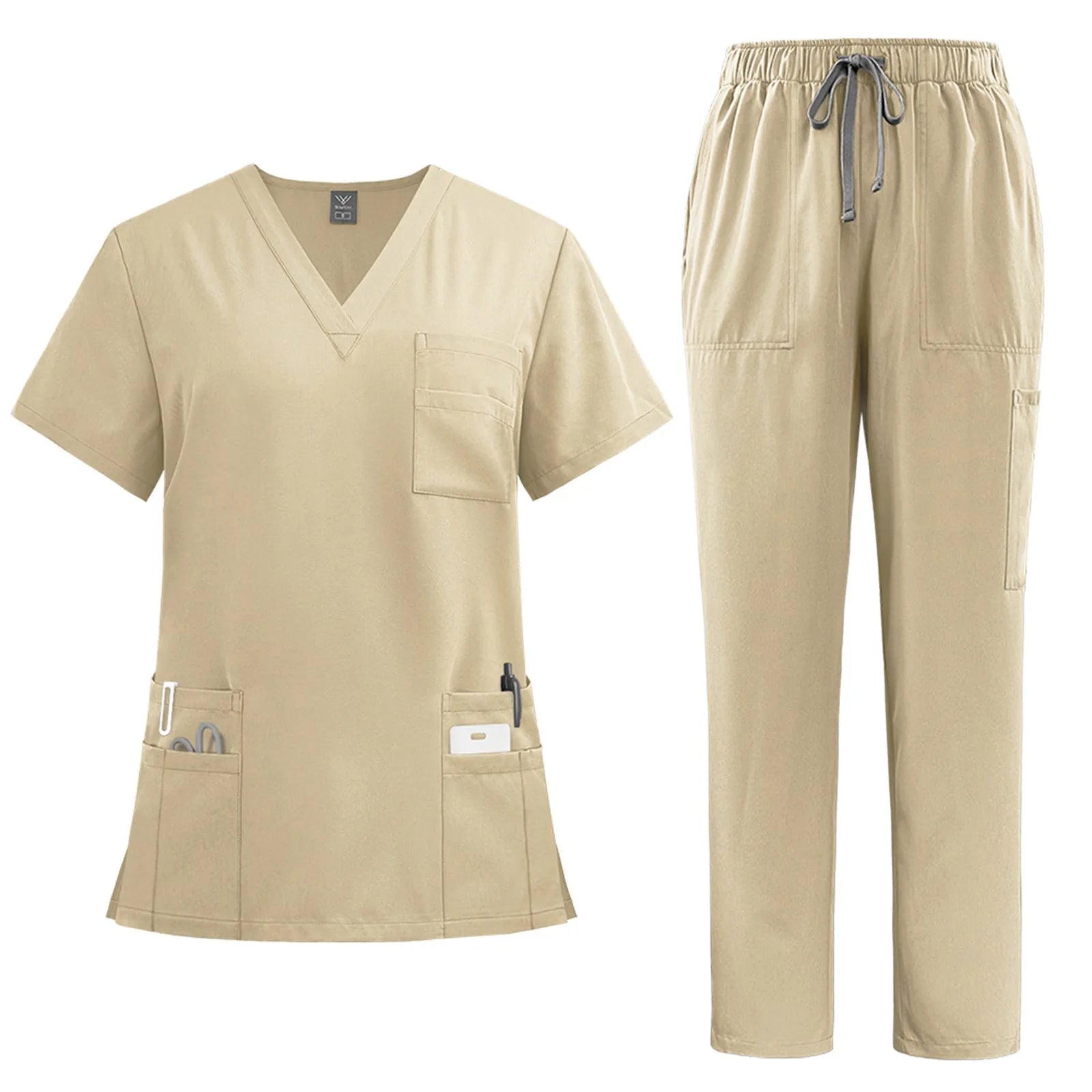 Women's solid color nurse uniform quick-drying fabric v-neck short-sleeved trousers suit multi-pocket nursing uniform suit