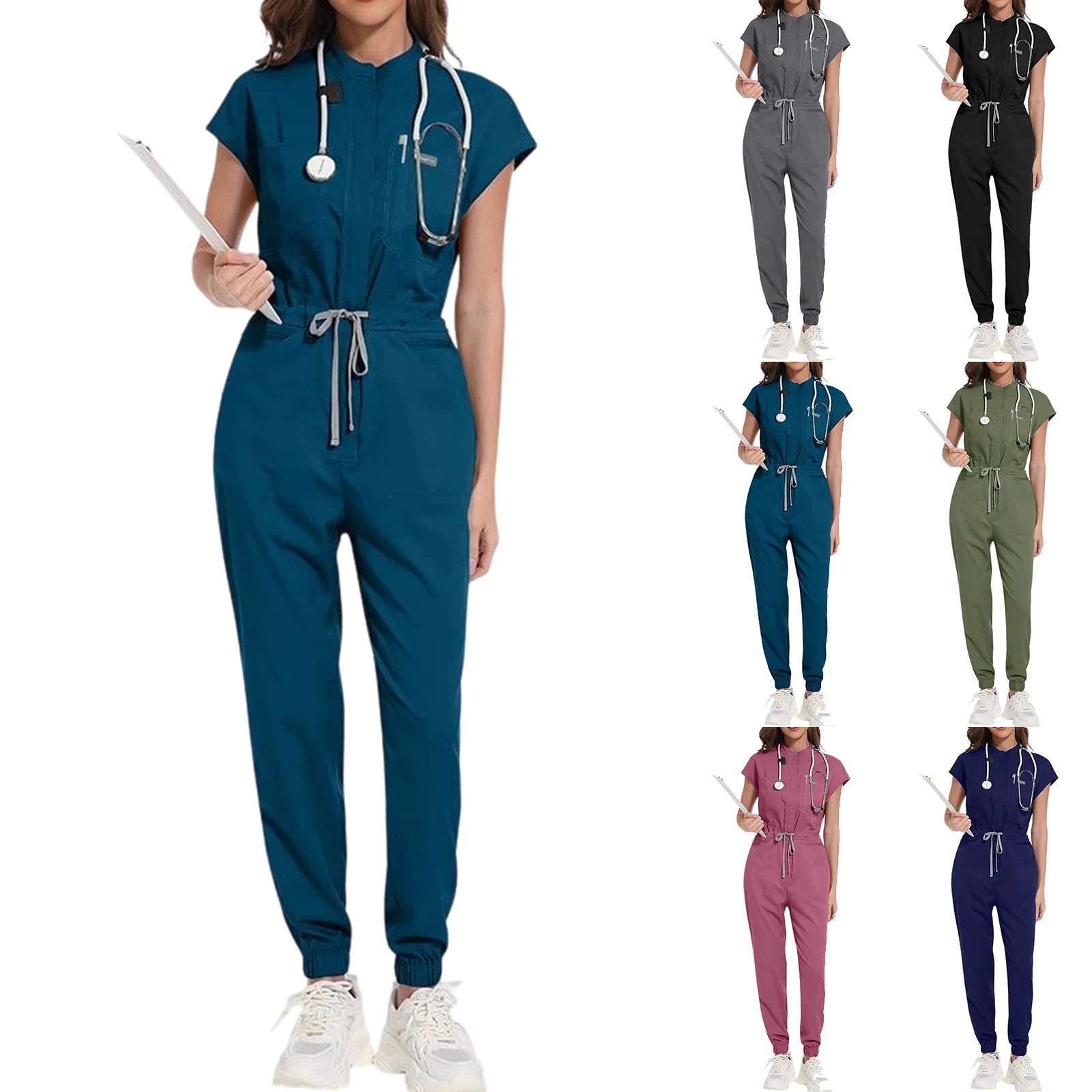 Women's Nurse Jumpsuit Stand Collar Sleeveless Multi-Color Drawstring