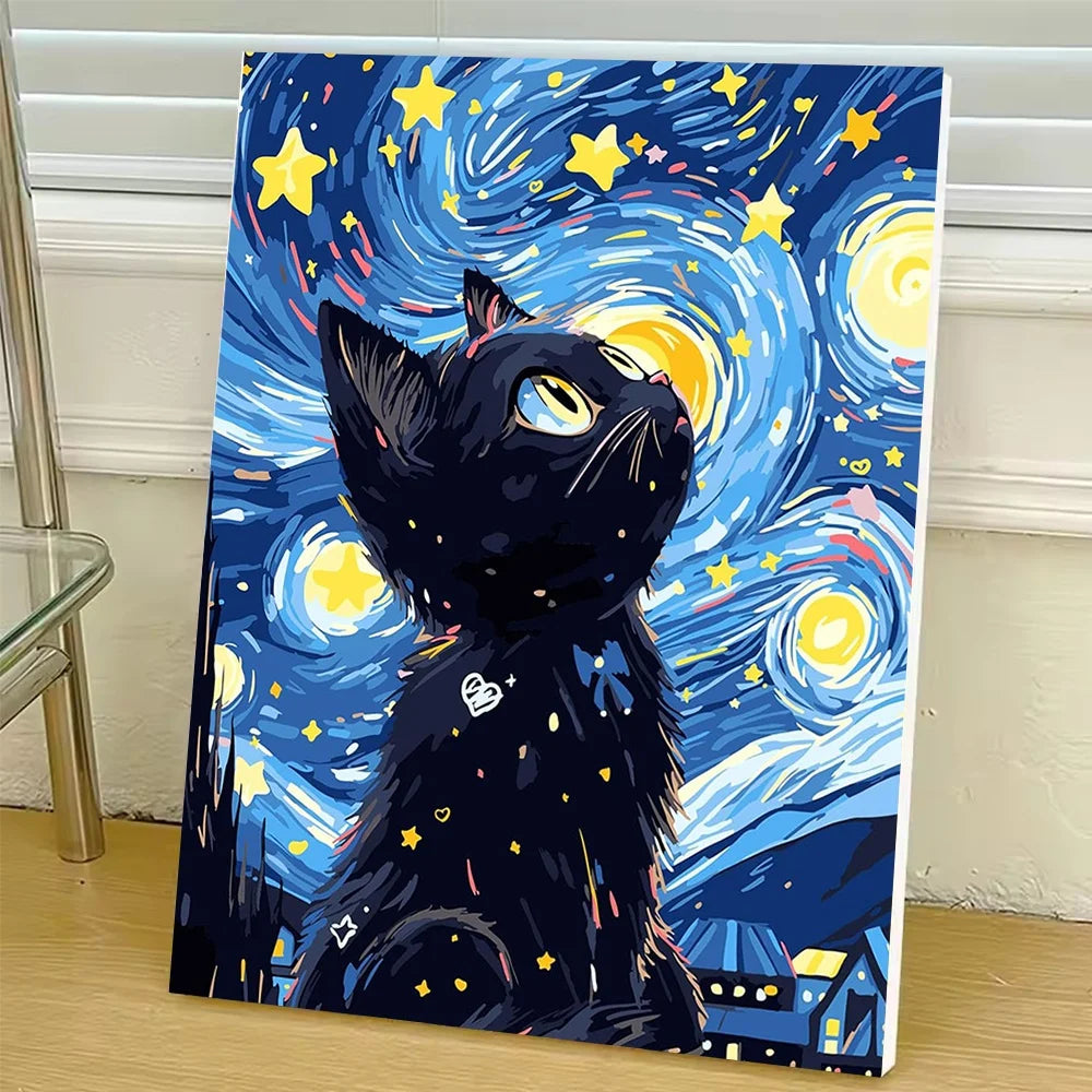 Cat in Van Gogh Starry Night Diy Art Paint By Numbers