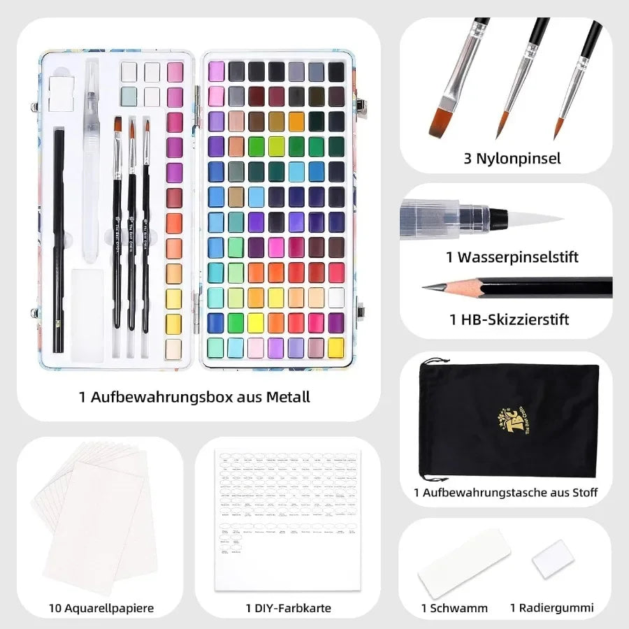 100 Colors Watercolor Paint Set for Students and Artists Ideal for Beginners and Amateurs Includes Coloring Sheets Black Dual T