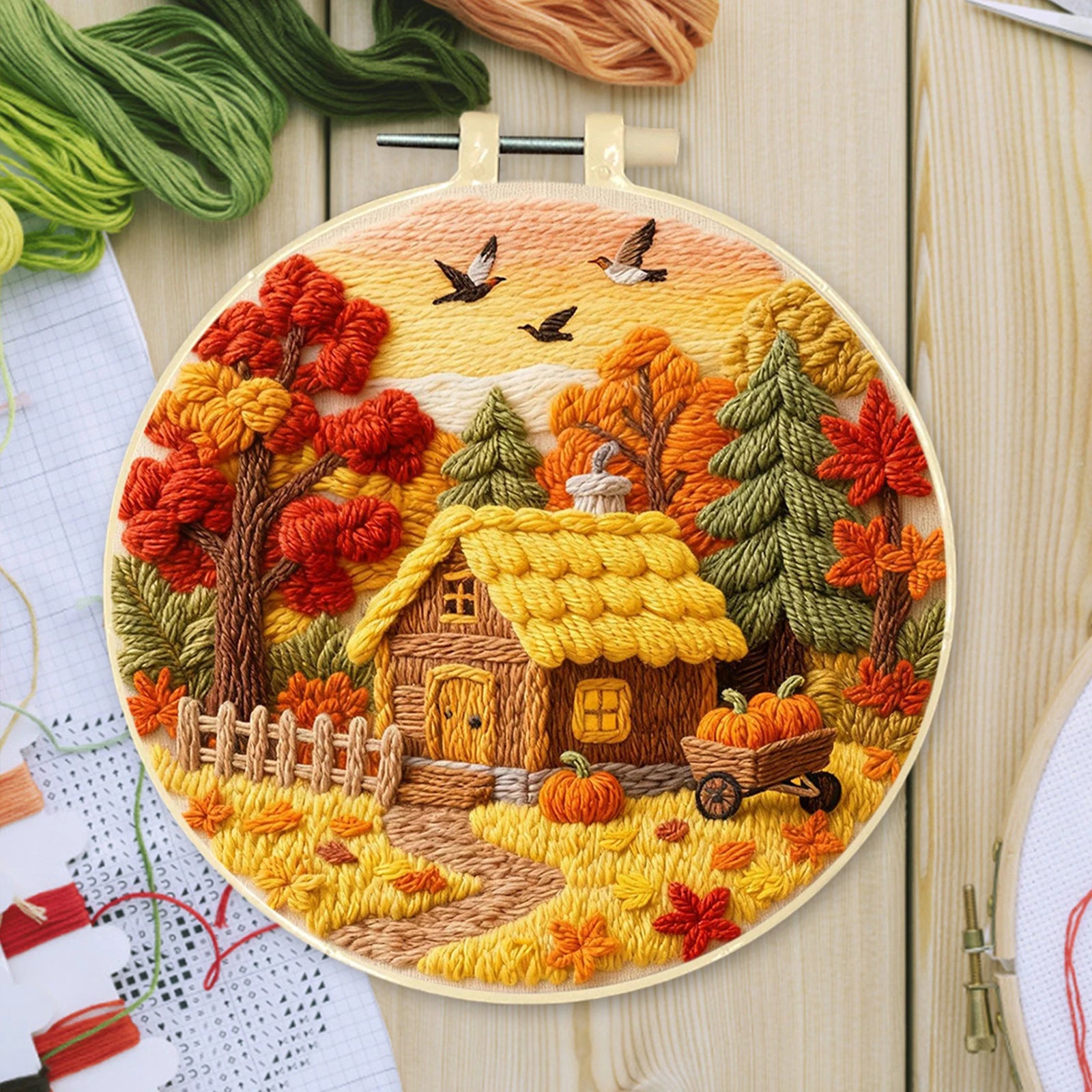 Autumn DIY Embroidery Kit with Embroidery Hoop, Practice Kit for Beginners Craft Lovers Gift