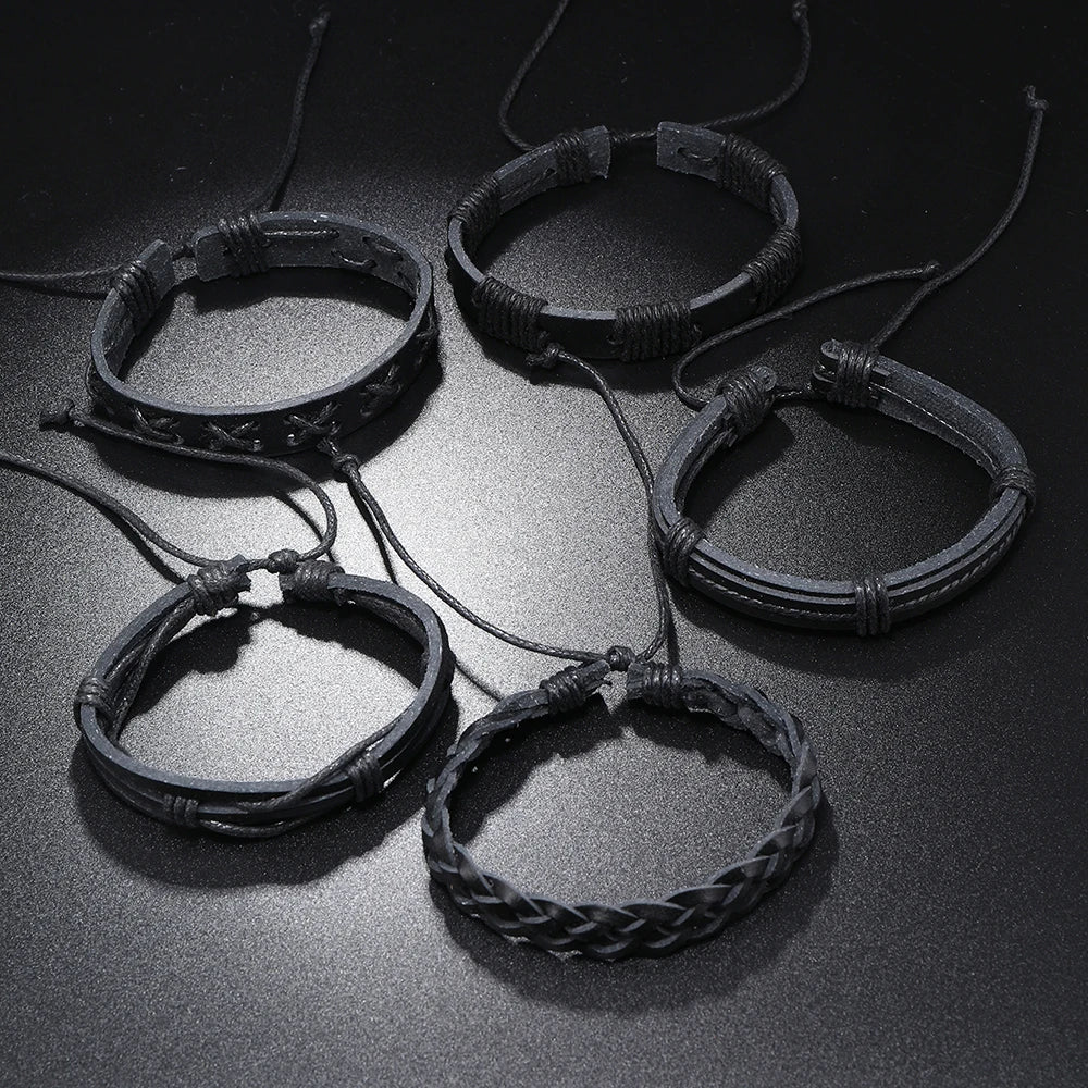 5pcs Punk rock black leather braid bracelet for men women