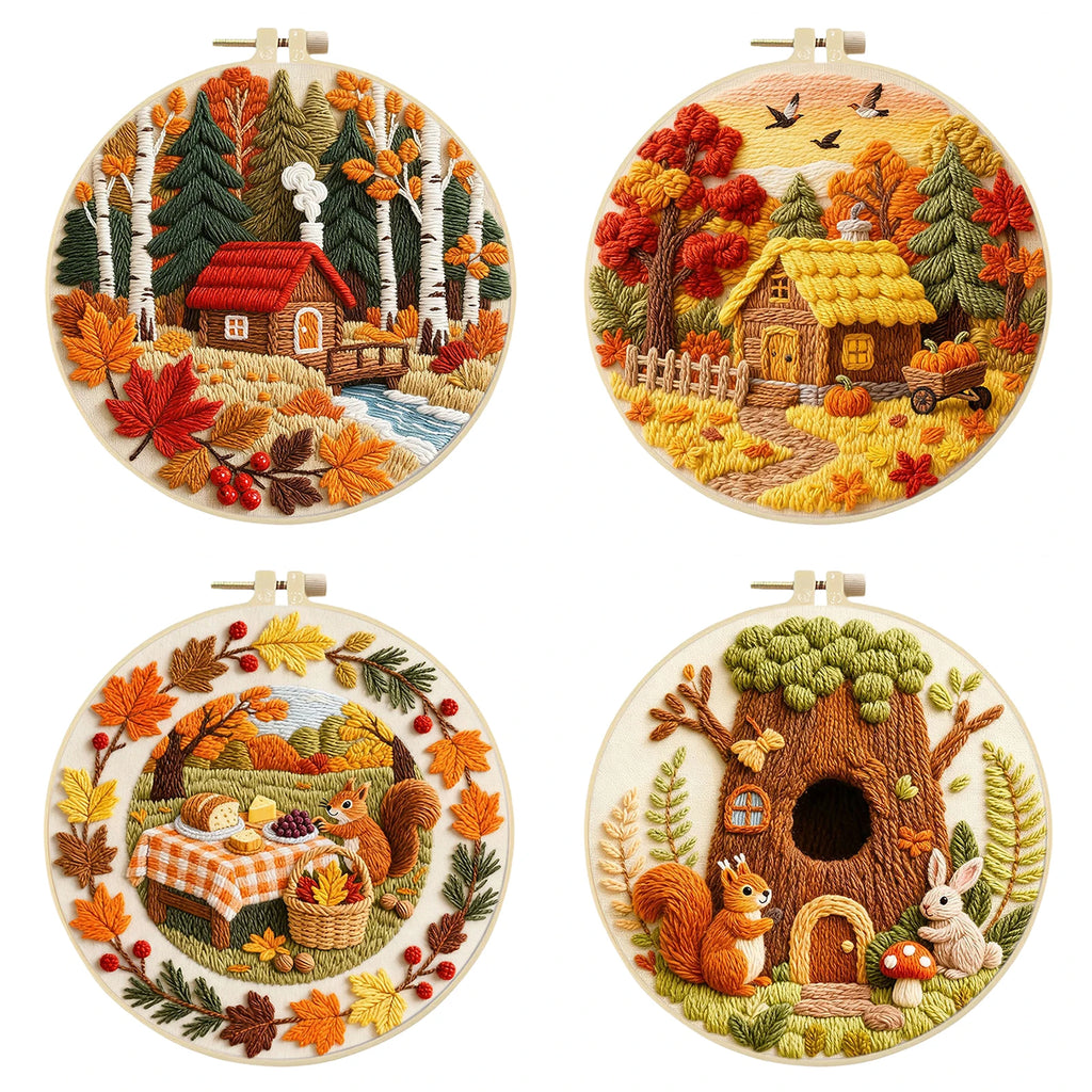 Autumn DIY Embroidery Kit with Embroidery Hoop, Practice Kit for Beginners Craft Lovers Gift