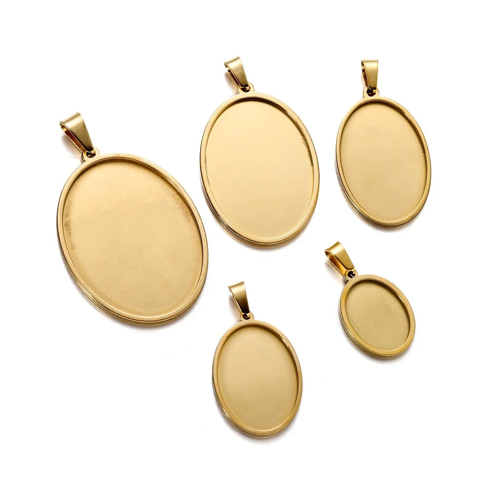 5pcs Stainless Steel Oval Pendant Cabochon Base Setting Tray Blank