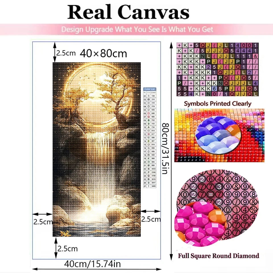 New Arrivals 5D Diamond Painting Art Golden Waterfall Tree Moon Landscape.