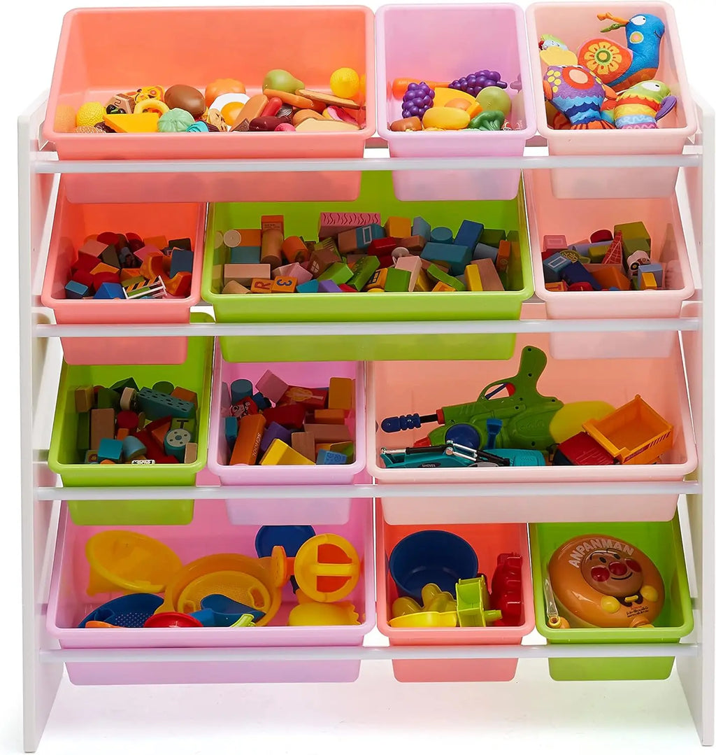 Kids Toy Storage Organizer with 12 Removable Pink Bins, White Wood Frame, Wall-Mounted for Safety