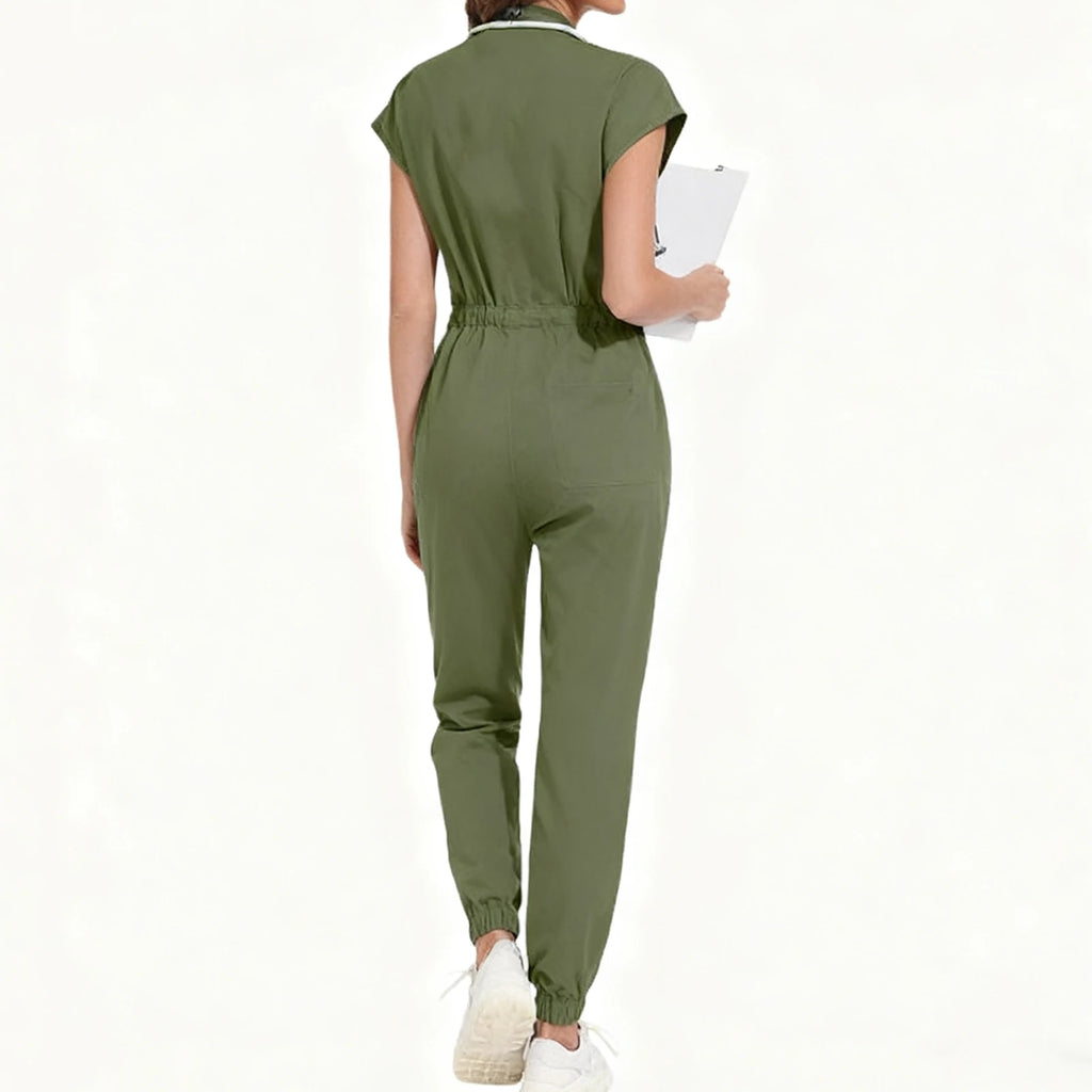 Women's Nurse Jumpsuit Stand Collar Sleeveless Multi-Color Drawstring