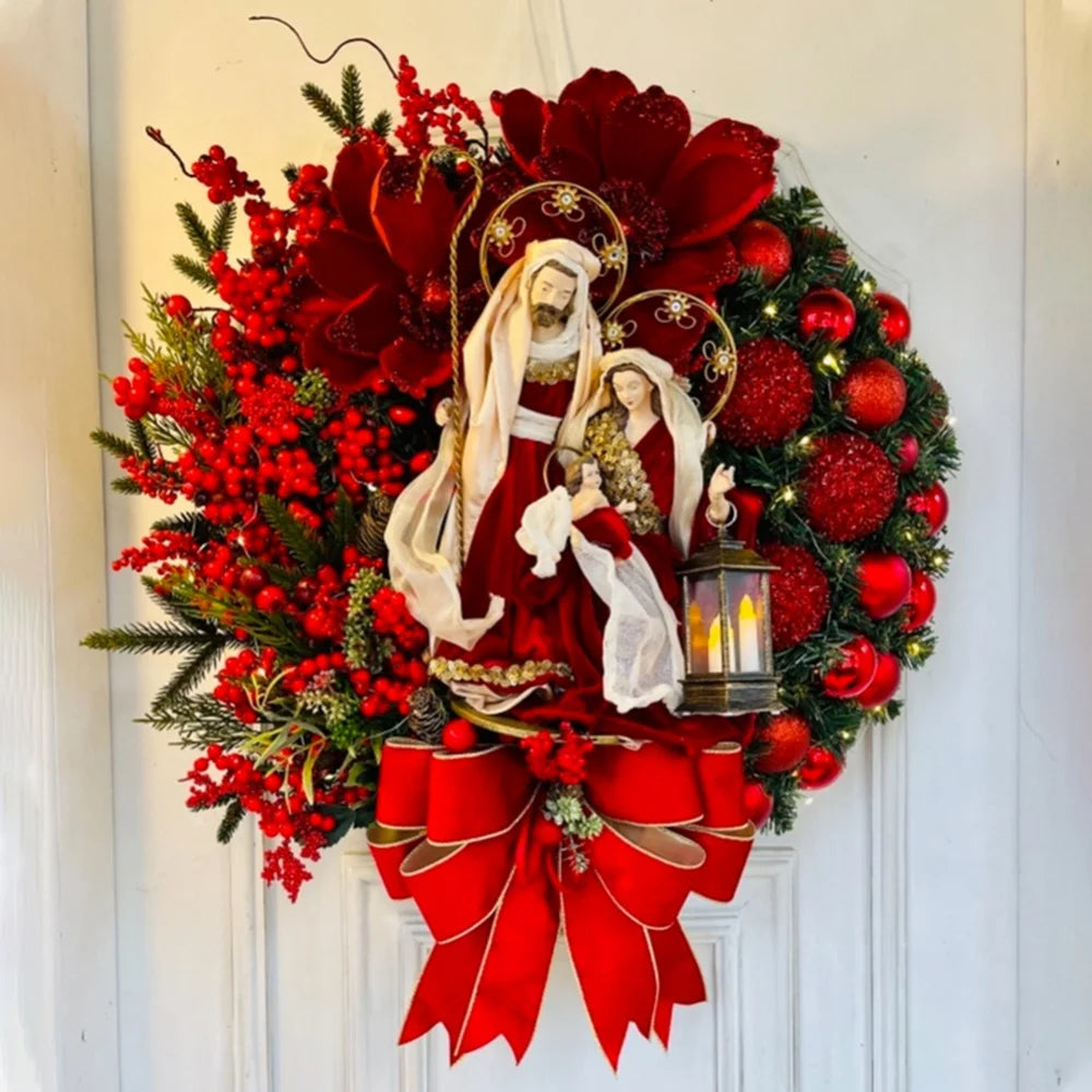 40cm Sacred Christmas Wreath with Lights Hanging Ornaments