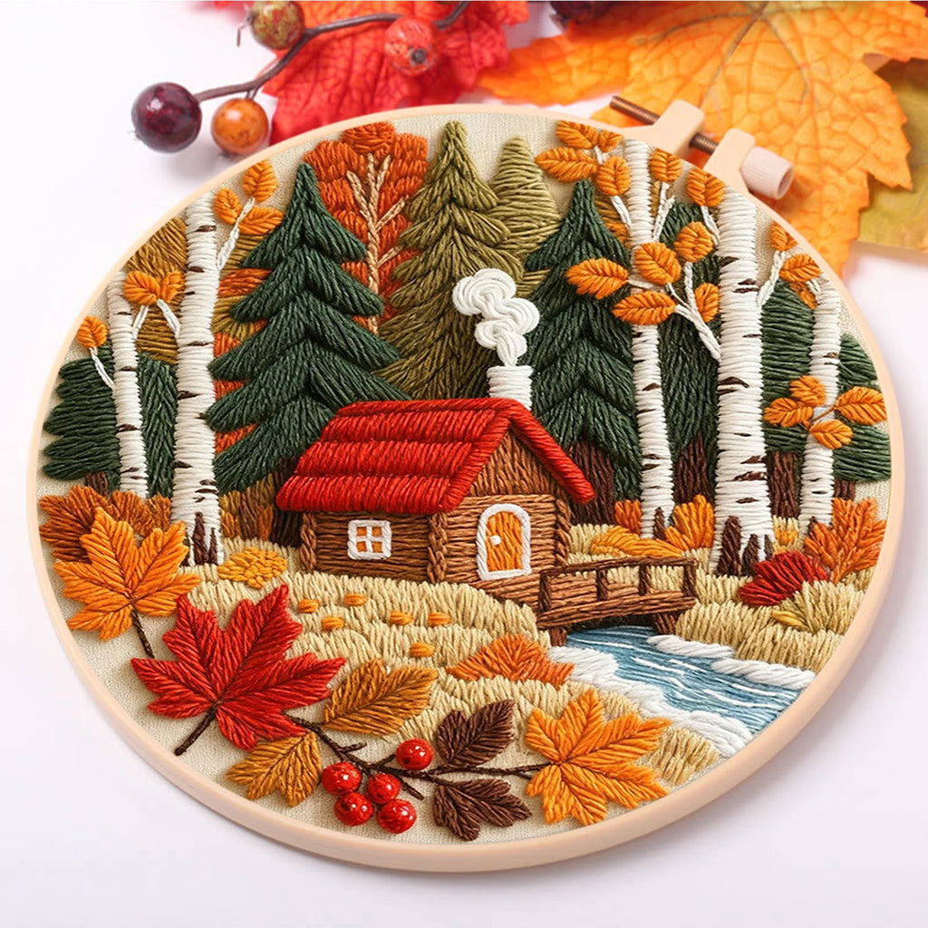 Autumn DIY Embroidery Kit with Embroidery Hoop, Practice Kit for Beginners Craft Lovers Gift