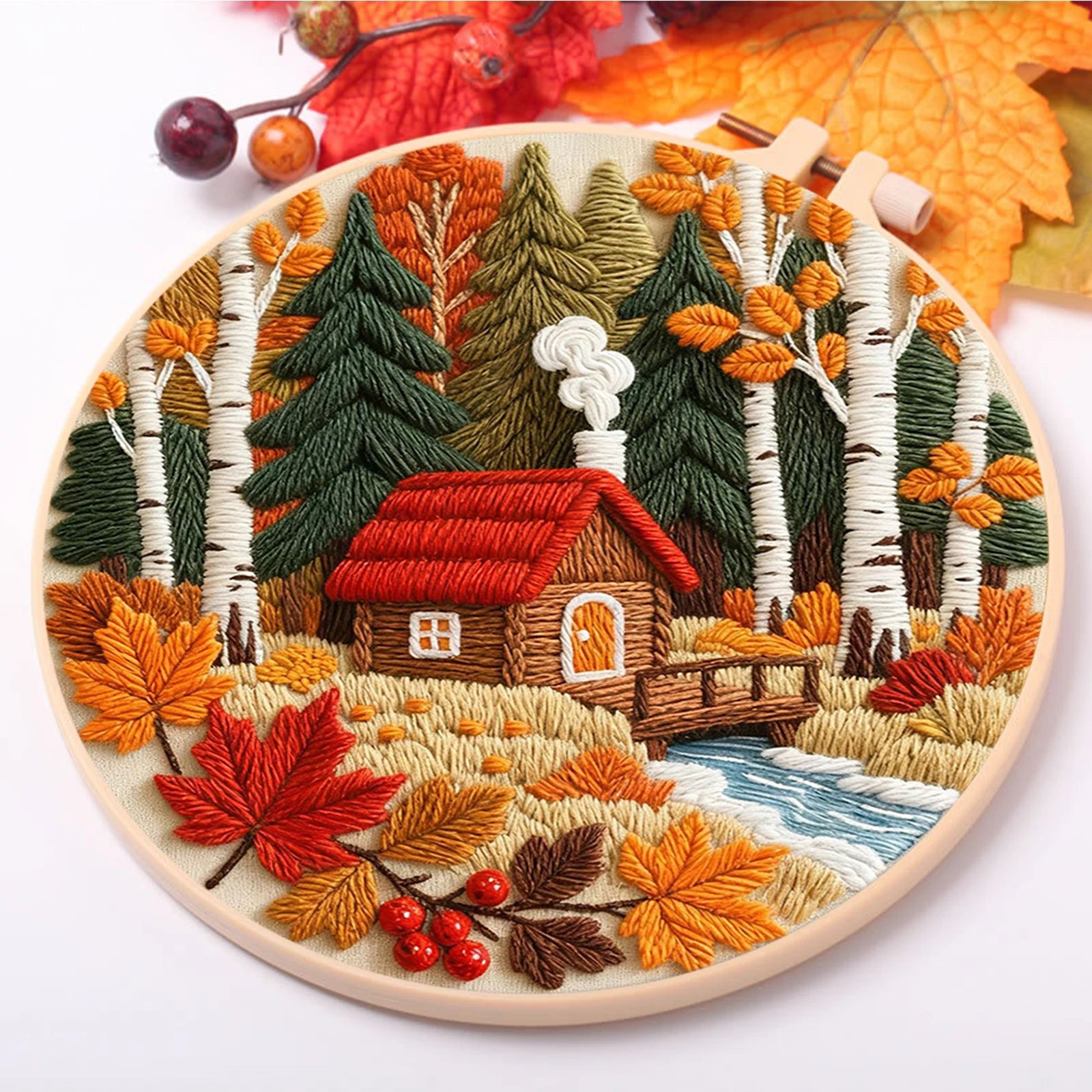 Autumn DIY Embroidery Kit with Embroidery Hoop, Practice Kit for Beginners Craft Lovers Gift