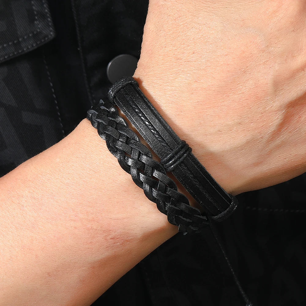 5pcs Punk rock black leather braid bracelet for men women