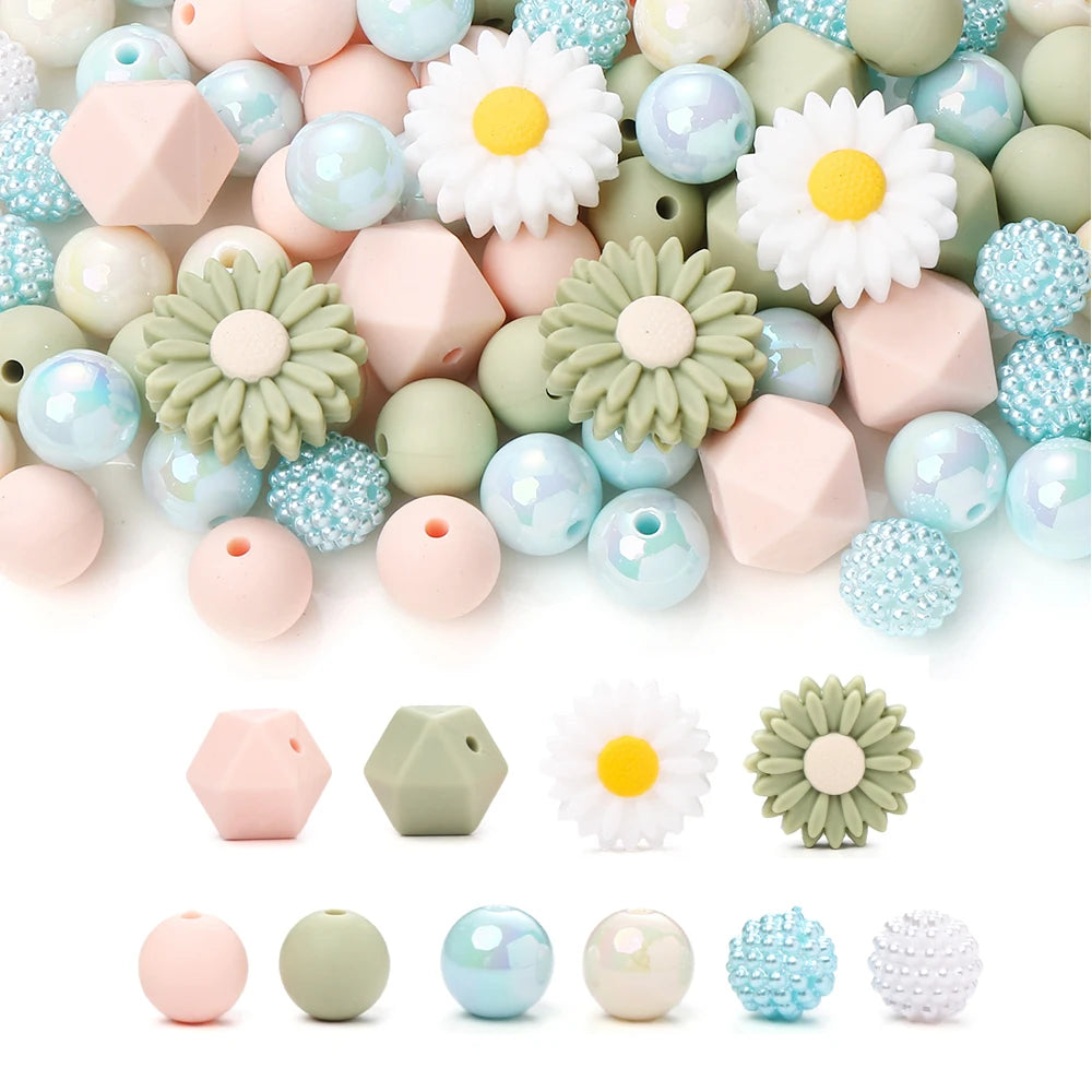 70Pcs Daisy Silicone Bead Set Multi-Shape for Pens Lanyard Keychain Bracelet Making