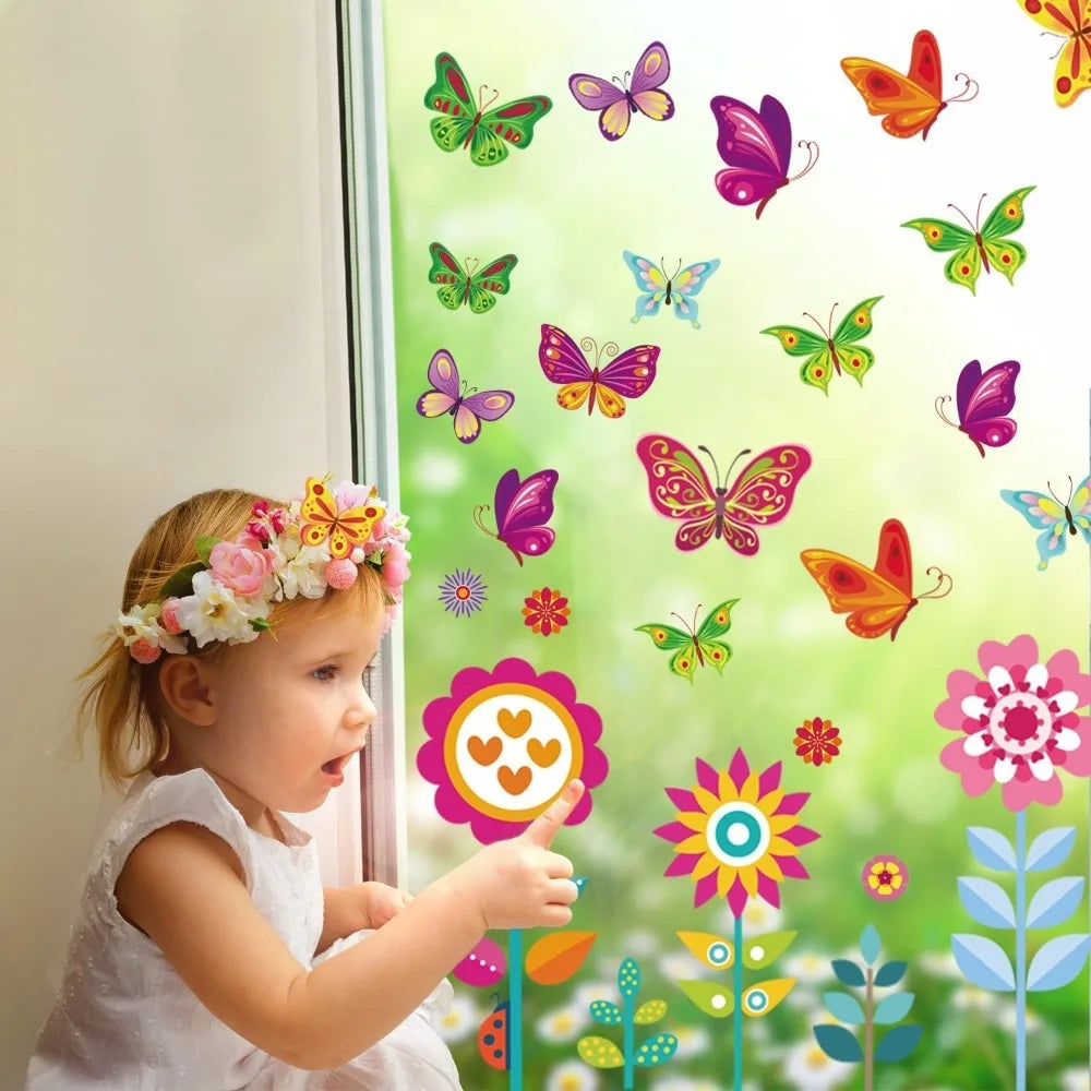 107PCS Window Clings Set Spring Summer & Fall/Winter Themes - Spring Flowers Butterflies & More