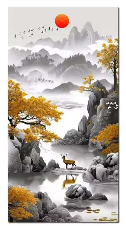New Arrivals 5D Diamond Painting Art Golden Waterfall Tree Moon Landscape Picture Full Diamond Mosaic Embroidery Rhinestone