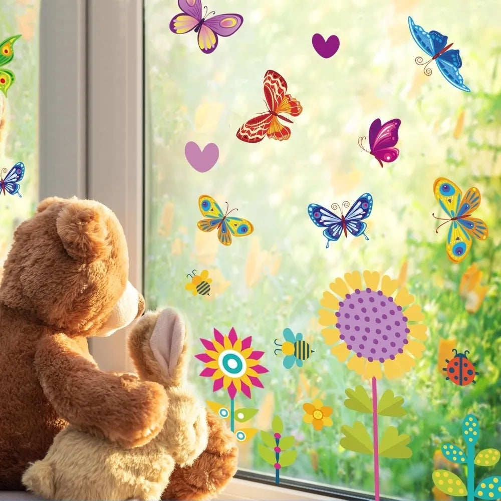 107PCS Window Clings Set Spring Summer & Fall/Winter Themes - Spring Flowers Butterflies & More
