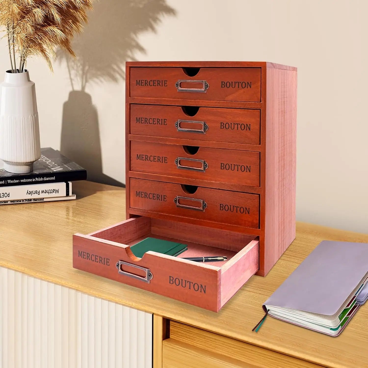 Vintage Wooden 5-Drawer Desktop Organizer with Iron Label Holders  For Storing embroidery and sewing