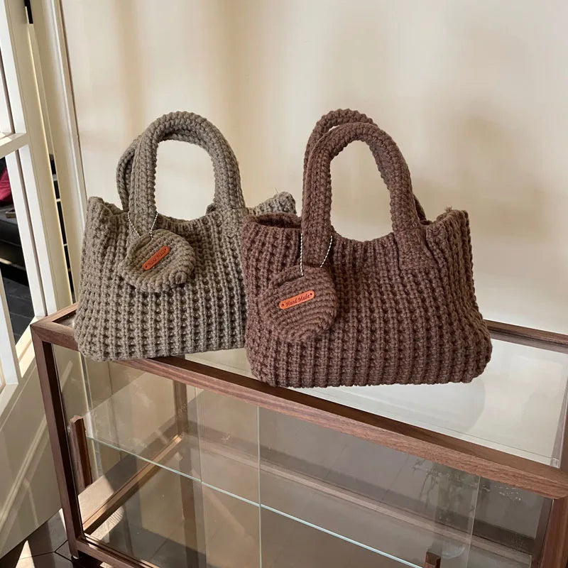 Crochet Bags Shoulder Bag Solid Color Woolen Knitted Handbag For Women