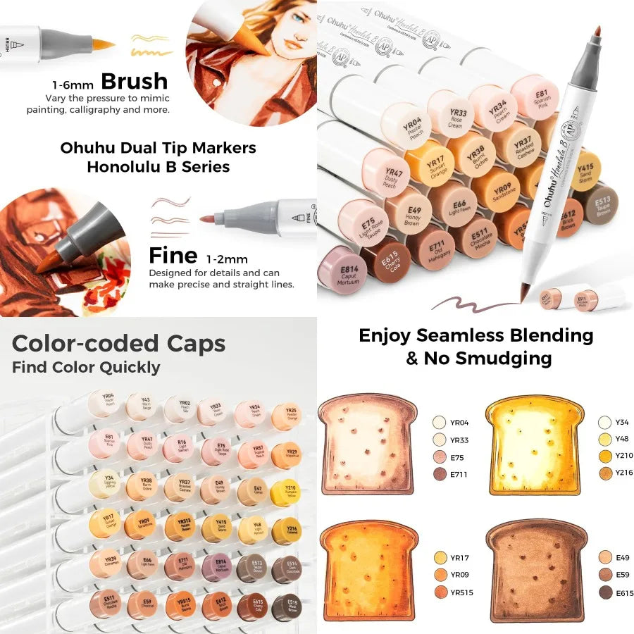 24 Skin-Tone Colors Alcohol Markers for Sketch Art and Coloring